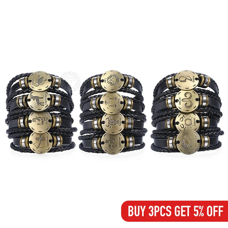 12 Знак зодиака кожаный браслет для мужчин и женщин в винтажном стиле Ретро