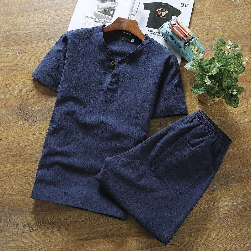 

Mens Summer Set Linen Fabric Breathable Summer Clothes Two Piece Set for Men Suit Plus Size 5XL 2021 Tracksuit Men Sweat Suits