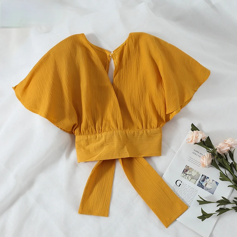 

Blouses Women Short Sleeve Solid V-Neck Bow Womens Batwing Top Loose Kawaii Elegant Shirt Simple All-match Trendy Leisure Blouse