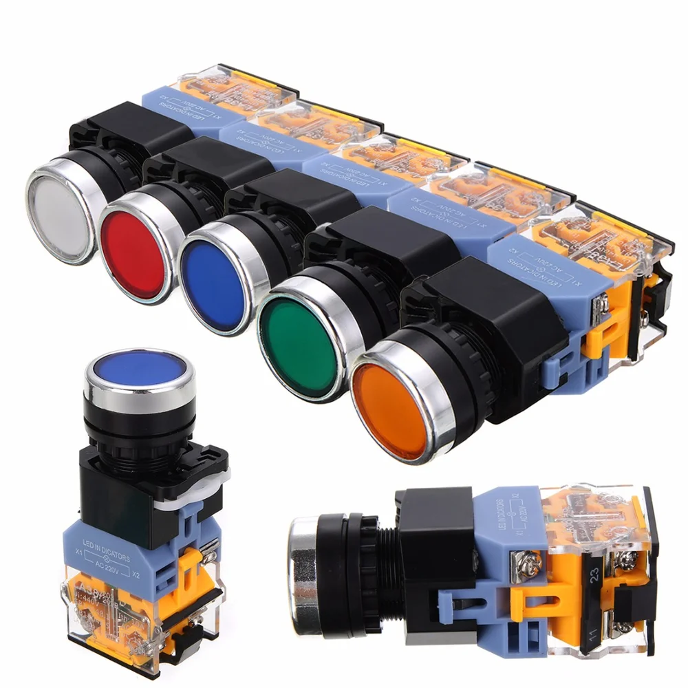 Светодиодный моментальный кнопочный переключатель NO + NC START STOP DPST 220 В переменного