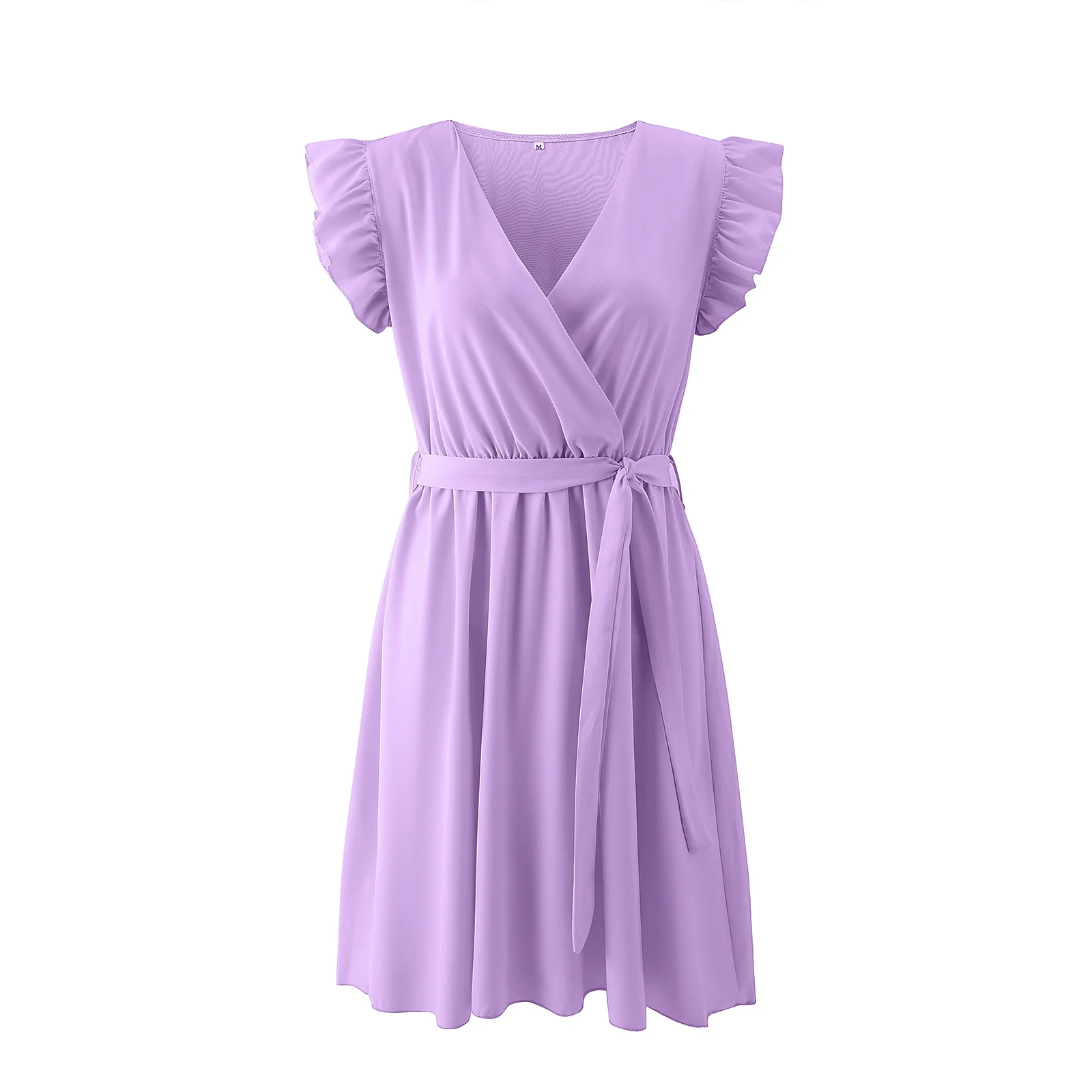 

Loose Belt Lotus Leaf Sleeve V-Neck Dress Women 2021 Summer Solid Color Female Dress Party Banquet Casual Above Knee Dress