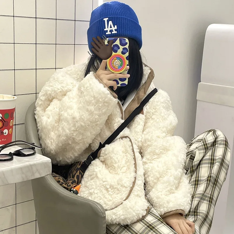 

2021 New Winter Lamb Plush Fur Fur Fur One Thickening Plus Velvet Lamb Wool Coat Women's Cotton Jacket