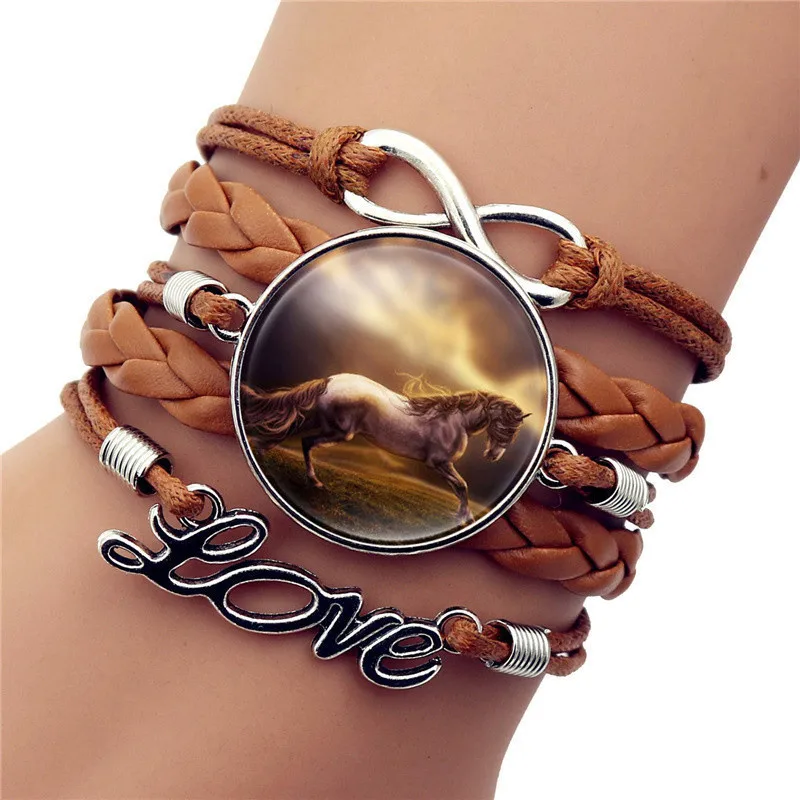 Винтаж лошадь изображение Бронзовый кожи очаровательные браслеты бабочки из