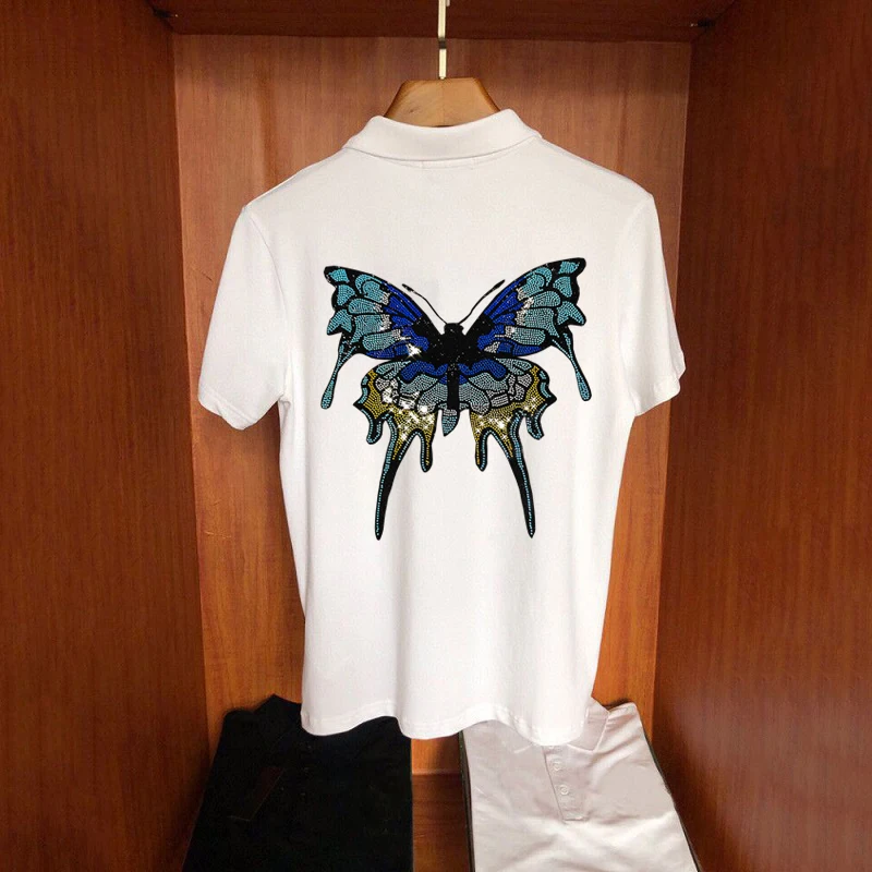 

Spring Men's T-Shirt New Design Butterfly Hot Diamond Classic Polo Business Sweatshirt Exquisite Pure Cotton Breathable
