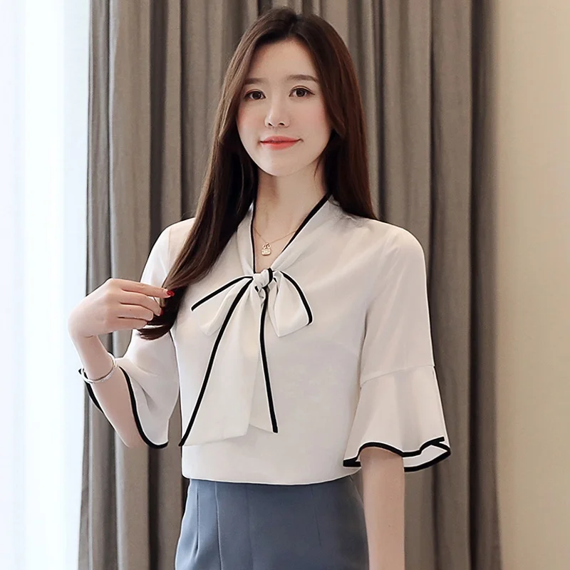 Женская блузка Повседневная шифоновая рубашка с оборками женская летняя бантом