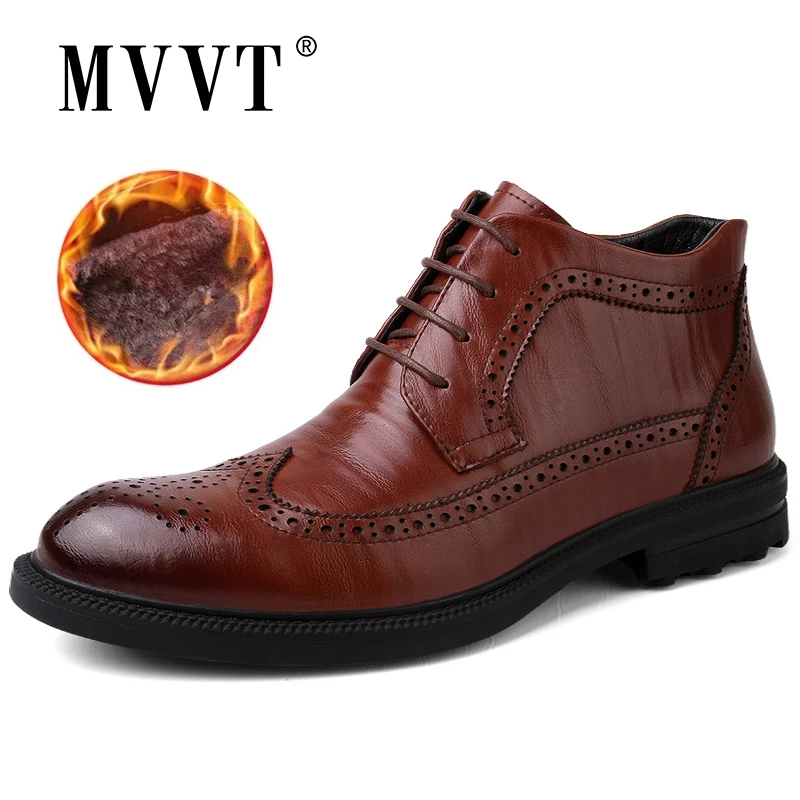 

MVVT Genuine Leather Men Boots Oxfords Fashion Winter Boots Men Leather Business Brogue Boots Man Ankle Boots Shoes