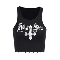 summer black cross cropped top gothic design printed sleeveless ladies fashion high street vest sexy stringy selvedge t shirt