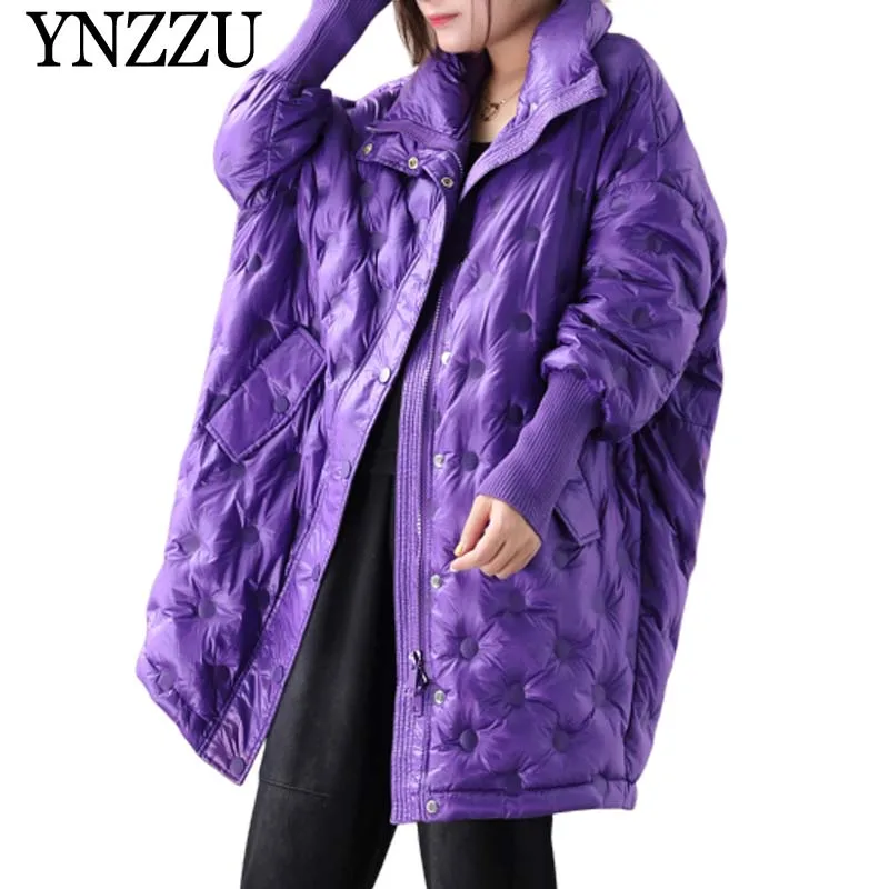 2019 зима фиолетовый большой женский пуховик высокий воротник черный однобортный