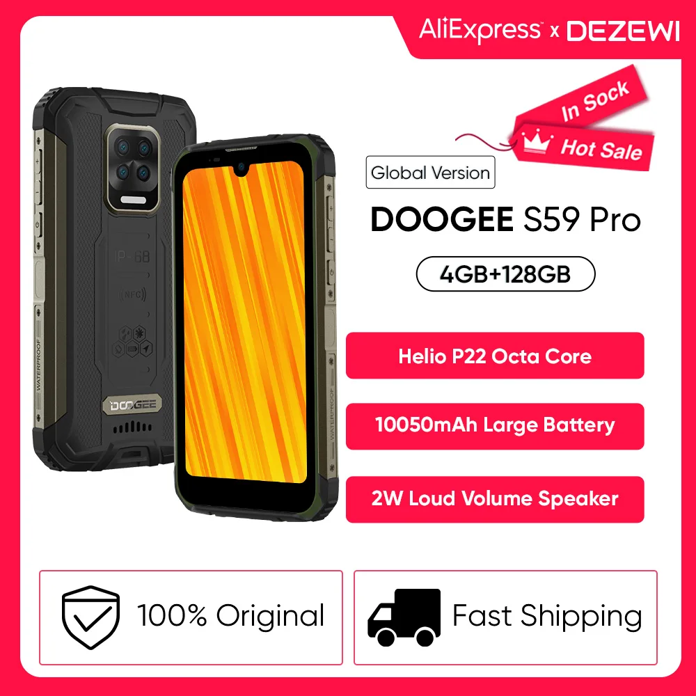 Перейти на Алиэкспресс и купить DOOGEE S59 Pro IP68/IP69K 4 Гб RAM128GB Встроенная память NFC прочный смартфон 2 Вт громкий объем Динамик 10050 мА/ч, супер Батарея 16MP Quad Камера
