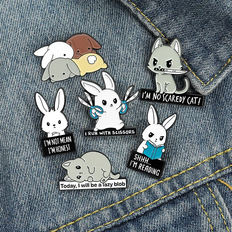 

White Rabbits Enamel Pins Custom Bunny Scissors Book Gray Cat Knife Brooches Lapel Cartoon Animal Badge Pin Jewelry Gift Friends