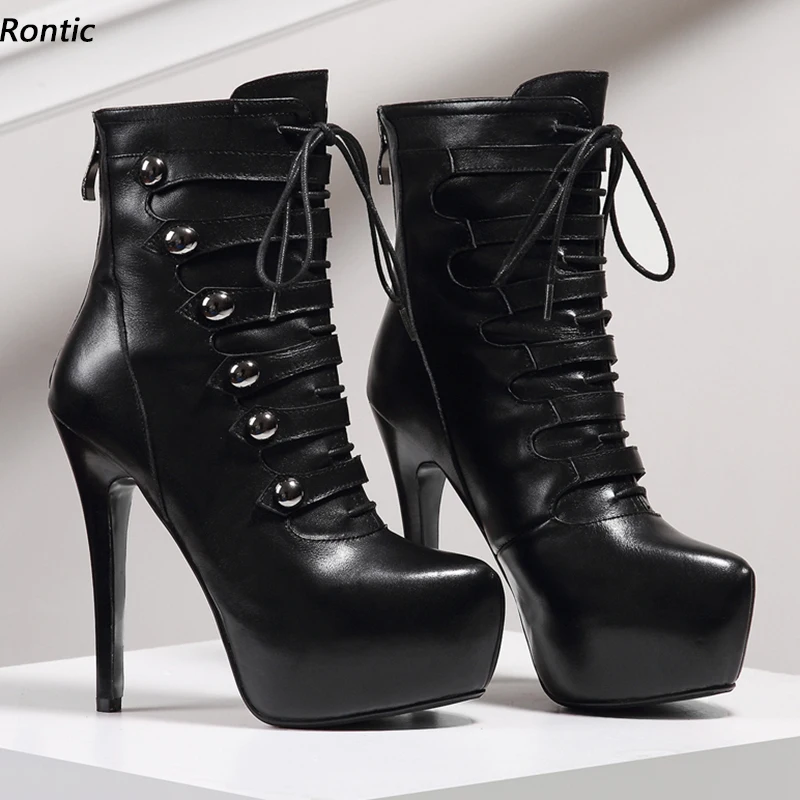 

Rontic Women Winter Platform Ankle Boots Cow Leather Back Zipper Stiletto Heels Round Toe Black Night Club Shoes US Size 5-9