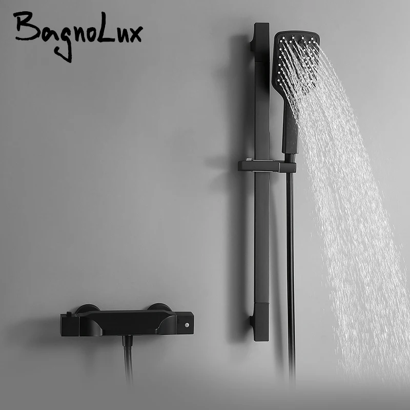 

Wall Mounted Thermostatic Bathroom Shower Faucet Bath Waterfall Mixer Tap With Sliding Bar Black Solid Plastic Hand Held
