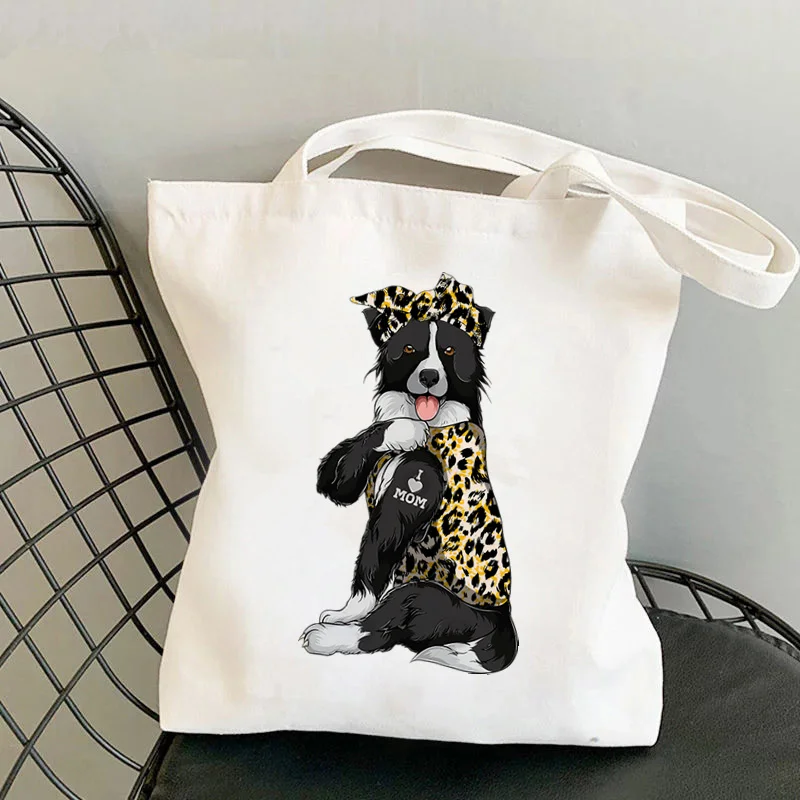 

Shopper Leopard Bandanas Border Collie I LOVE MOM Printed Tote Bag women shopper handbag girl Shoulder shopping Lady Canvas Bag