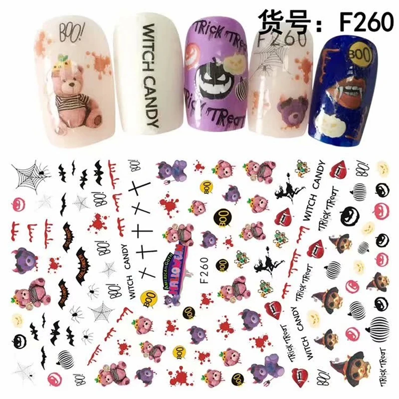 12 листов водная наклейка для дизайна ногтей стикер для украшения ногтей слайдер тату полное покрытие Хэллоуин Тыква череп дизайн Переводные картинки A1117-1128 - Цвет: F260