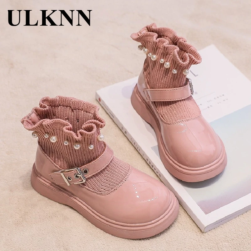 

ULKNN Children's Shoes Kids Winter Knitting Boots Baby Girl Leather Shoes Fashion Boots Pearl Princess Shoes Ankle 4-12Y Pink