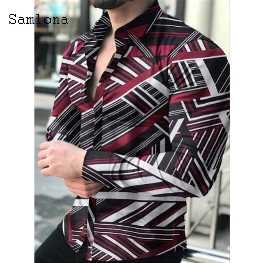 

Samlona Long Sleeve Shirt Plus Size Top Sexy Men clothing 2021 Fashion 3D Print Casual Pullover Single-breasted Sexy Mens Blouse