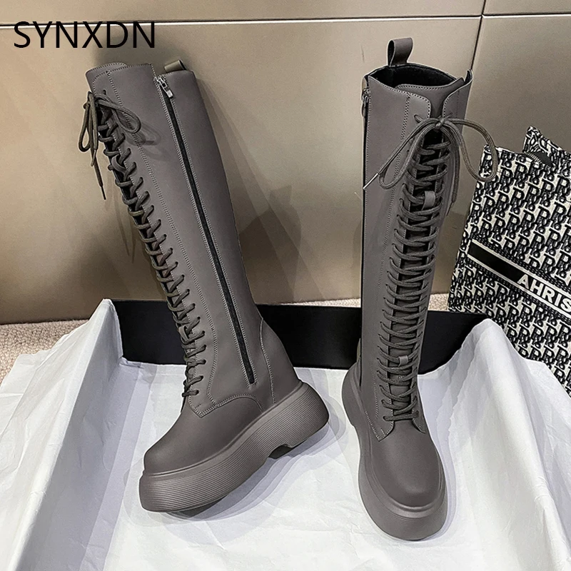 

SYNXDN Matte Leather Autumn Long Boots Women‘s High Hidden Heels Cross-tied Rubber Botas Female Riding Botines