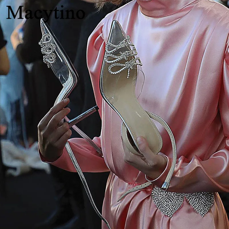 Серебристые сандалии гладиаторы принцессы на шпильке с острым носком и