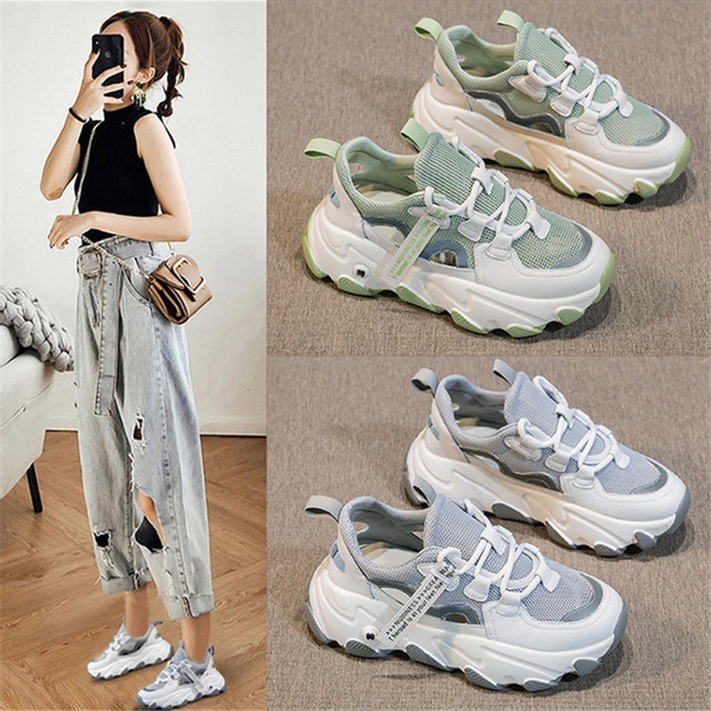 

2020 Summer Vulcanize Breathable Women shoes casual Genuine Leather Patchwork Lace-up Thick bottom Ladies Flat Platform Sneaker