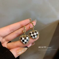 korean personality simple black and white check leather love chessboard minority design earrings for women