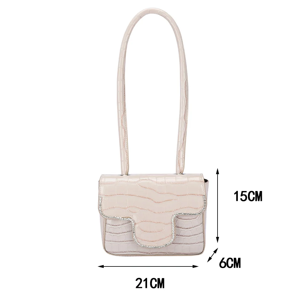 

2021 Trend Women Top-handle Bag Stone Pattern Rhinestone PU Leather Shoulder Underarm Bags Ladies Solid Color Tote Handbag Purse