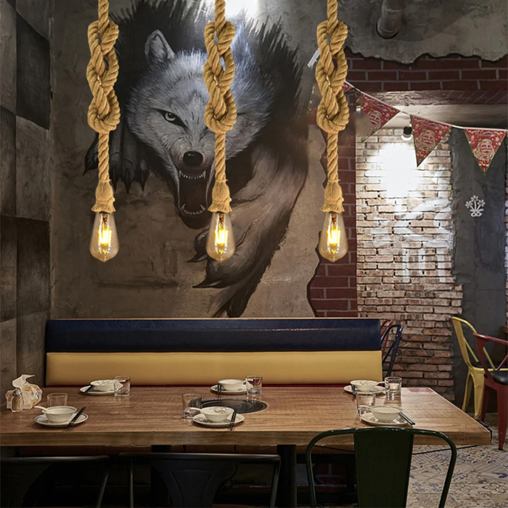 Lámparas de cáñamo que se cuelgan de una cuerda, luminarias vintage y retro para loft sala de estar o cocina, para decorar