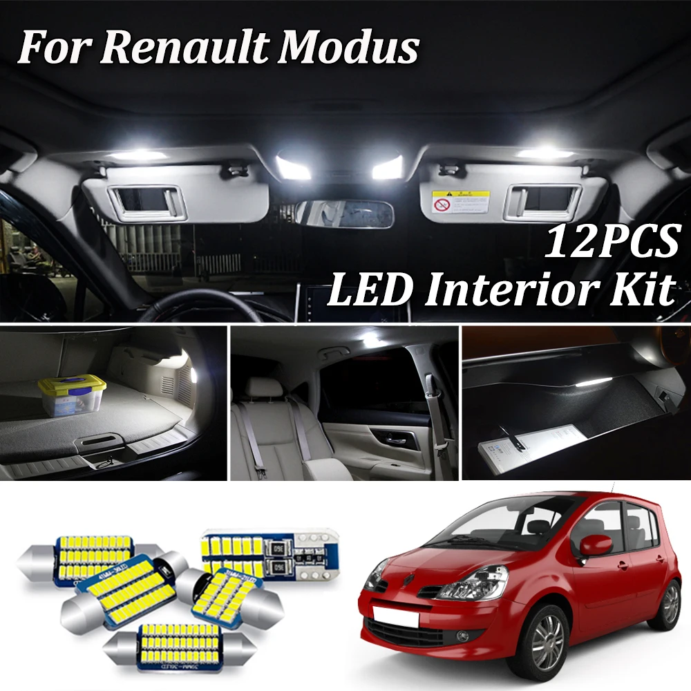 

12Pcs No Error Car LED bulbs Interior Reading dome Kit For Renault Modus LED Interior Trunk License plate light (2004-2013)