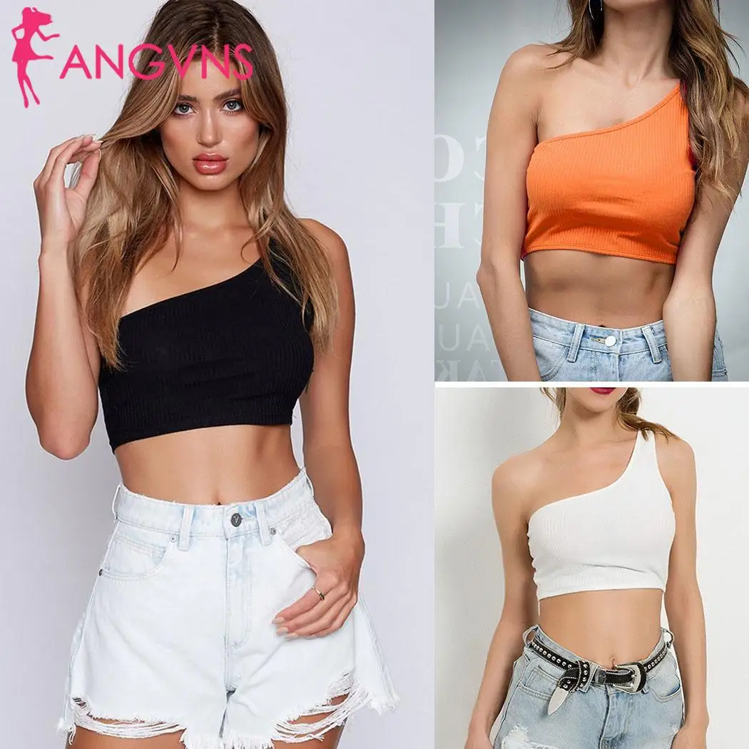 Женский сексуальный однотонный топ без бретелек на одно плечо черный оранжевый