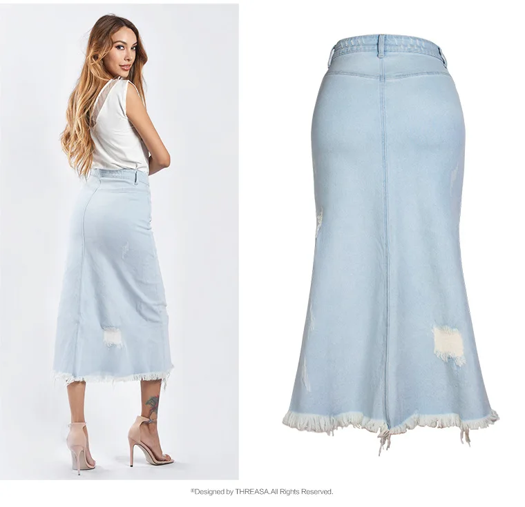 Женская рваная джинсовая юбка длинная эластичная с высокой талией модель 3xl на