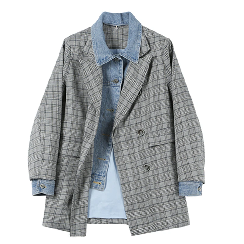 

2021 Women's Oversize Big Loose Blazer Coat Denim Stitching Fake Two Pieces Of British Style Suit Jacket Women Denim Jacket Coat