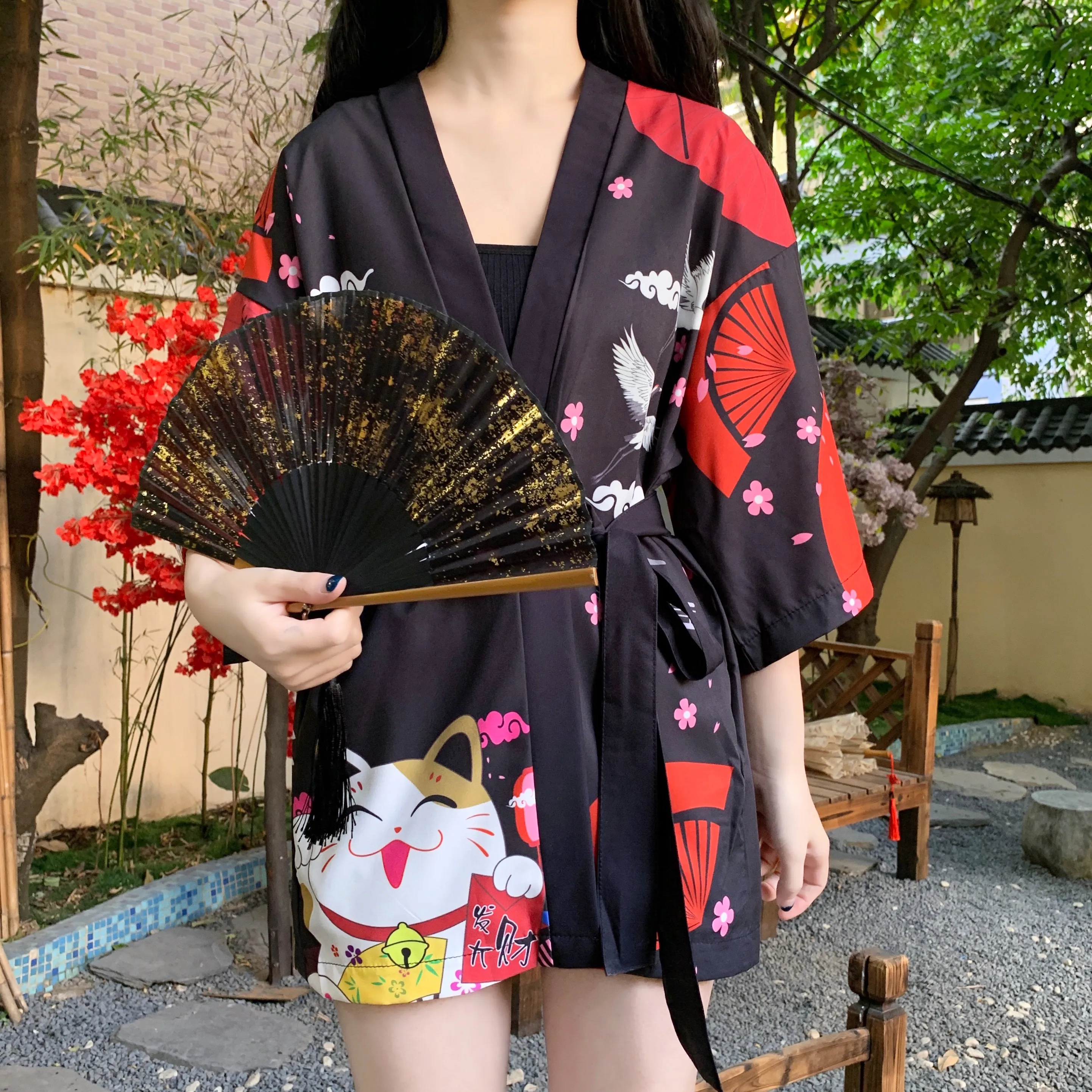

Lucky Cat Beach Cardigan Asian Women Japanese Kimono Cosplay Style Traditional Tops Blouse Yukata Clothing Fashion Kawaii 2021