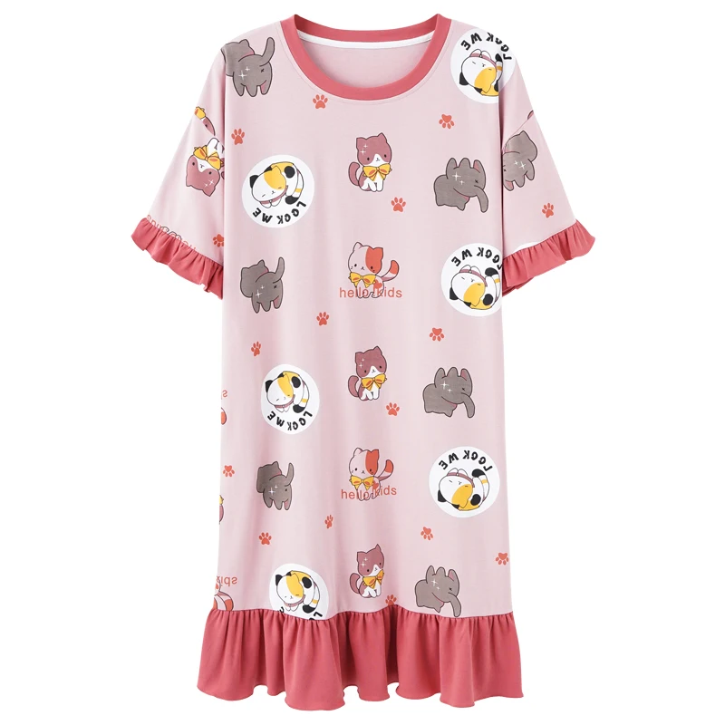 

Ruffle Sleeve Cartoon Dog Exquisite Patchwork Ladies Nightdress 3xl Cotton Home Wear Women's Summer Round Neck Casual Nightdress