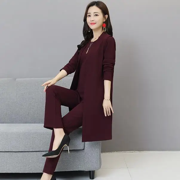 Комплект из 3 предметов Женский длинное пальто футболка и брюки повседневный