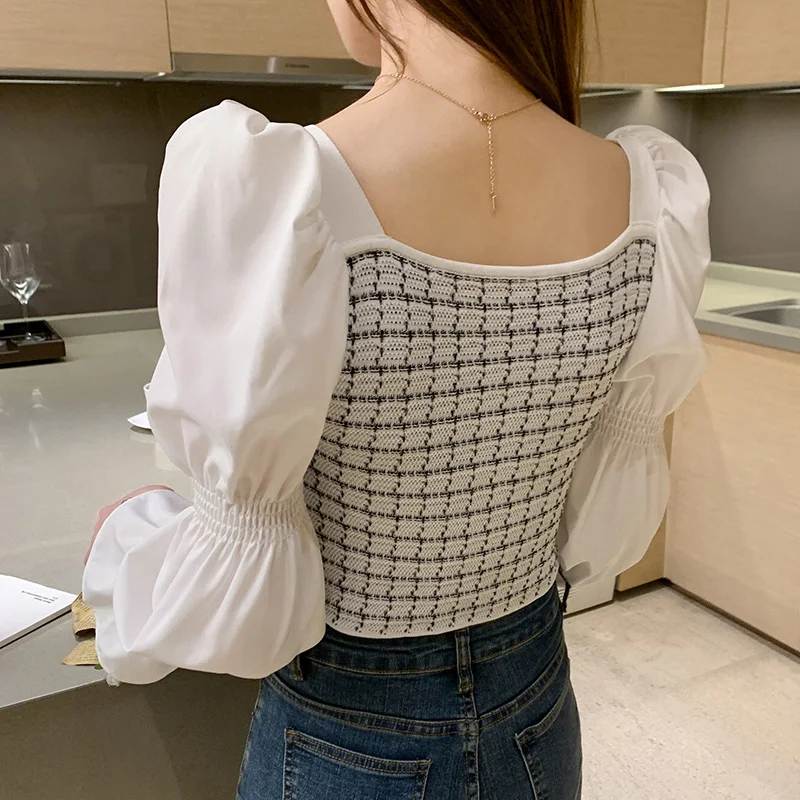 

COIGARSAM Full Shirt Womens tops New Spring Lantern Sleeve Square Collar Women shirts Black White Grid 593