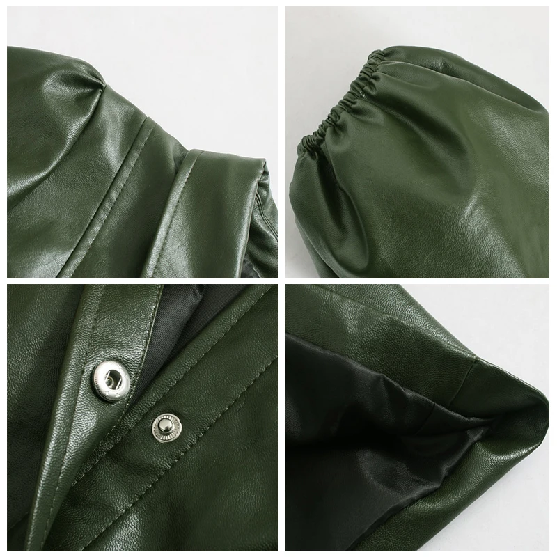 ROHOPO Пышное мини-платье из искусственной кожи с коротким рукавом зеленого цвета