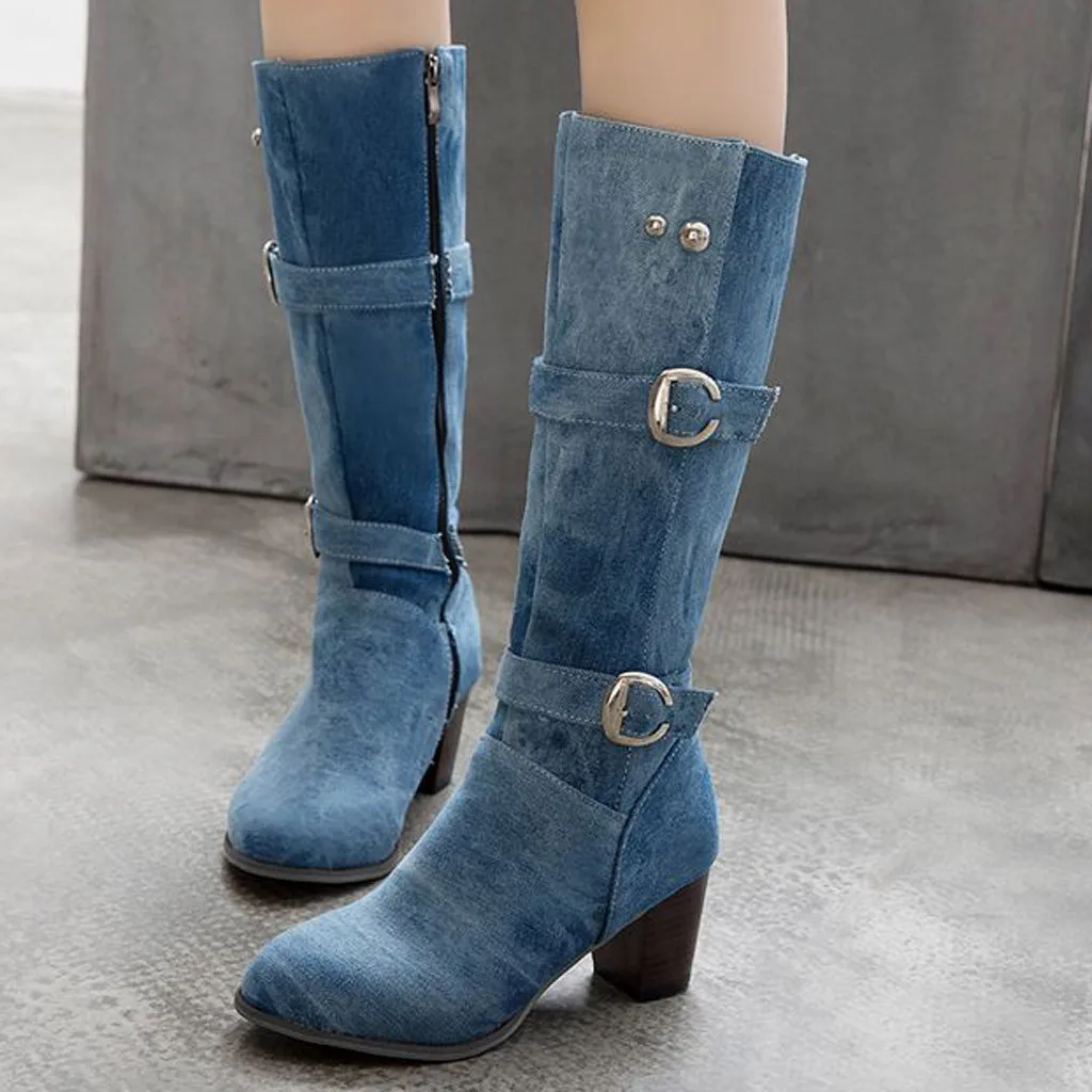 Женские джинсовые ковбойские сапоги на высоком каблуке с пряжкой и ремешком