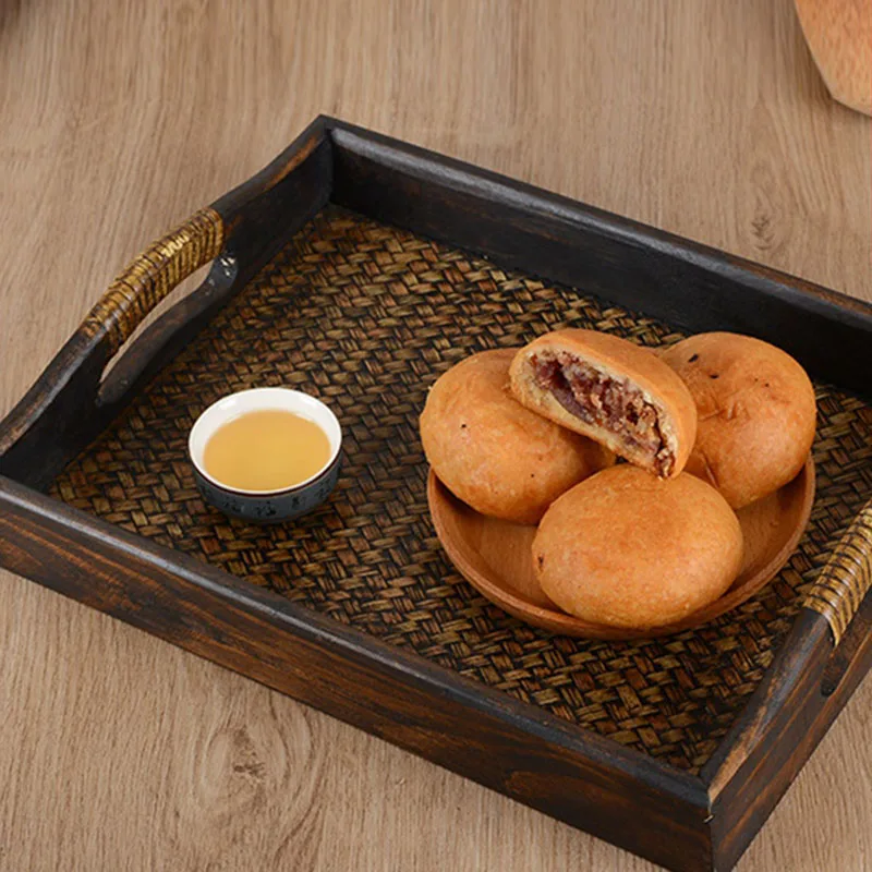 

3PCS Retro Wood Serving Tray Rattan Tray Serving Dinner Plate Snack Dessert Snack Serving Tray Food Fruit Tray Wood