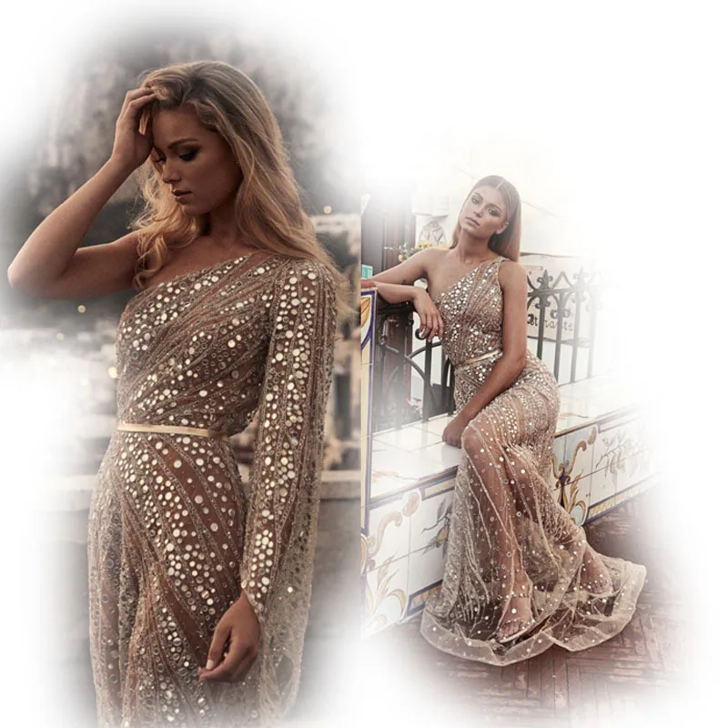 

Sexy Sequined Long Dresses Evening One-Shoulder Sequined Sweep Train Mermaid Dress Women Evening Party Dresses