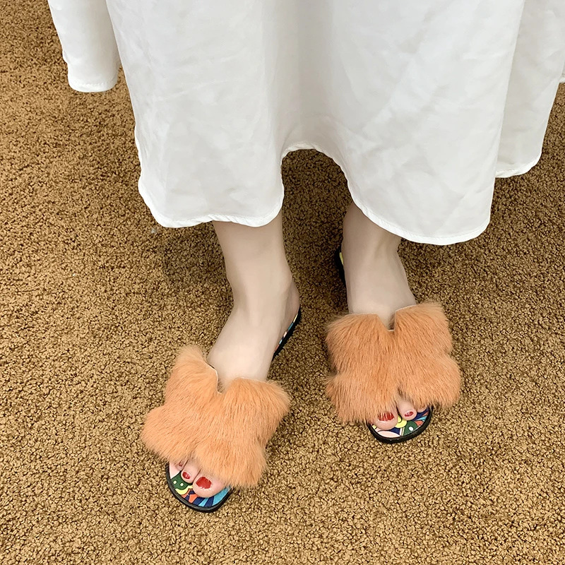 2019 г. модные женские меховые тапочки обувь из полихроматического материала