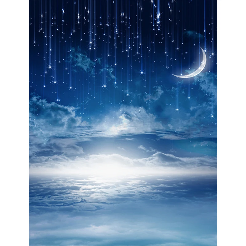 Allenjoy Starry Night Background Dreamy Sky Baby Shower Space Mysterious Moon Star Cloud Wooden Floor Glitter Backdrop Banner |