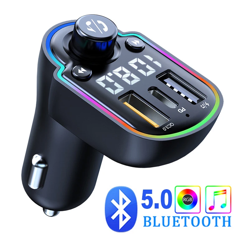 

Car MP3 Music Player Bluetooth 5.0 Receiver FM transmitter Dual USB PD QC3.0 Charger Atmosphere Light U Disk Lossless Music