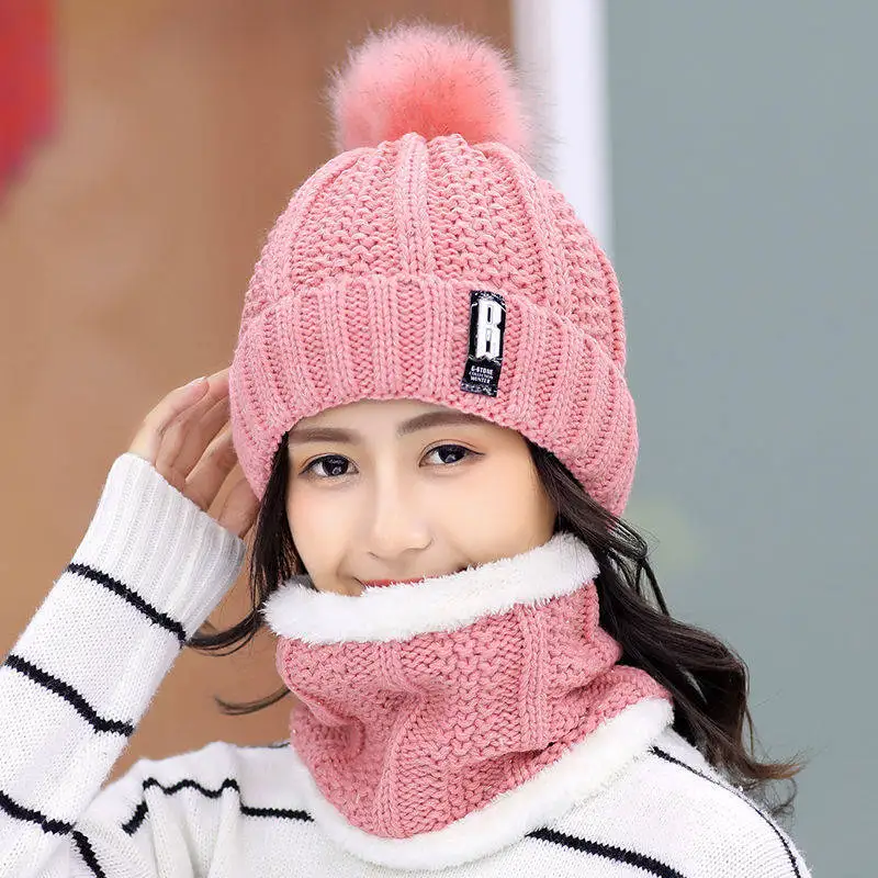 New Warm Women Hat Set Fashion Winter Hats For Woman Fur Lined Neck Warmer Cap Beanie Girls Pompom Knitted skull cap | Аксессуары для