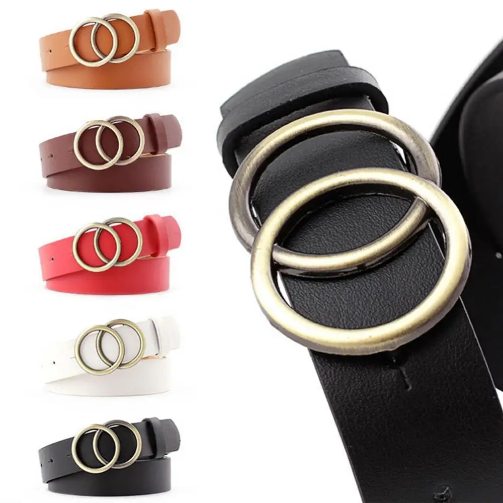 

Women Fashion Big Double Ring Circle Metal Buckle Belt Faux Leather Adjustable Double Round Buckle Waist Belt Waistband for Jean