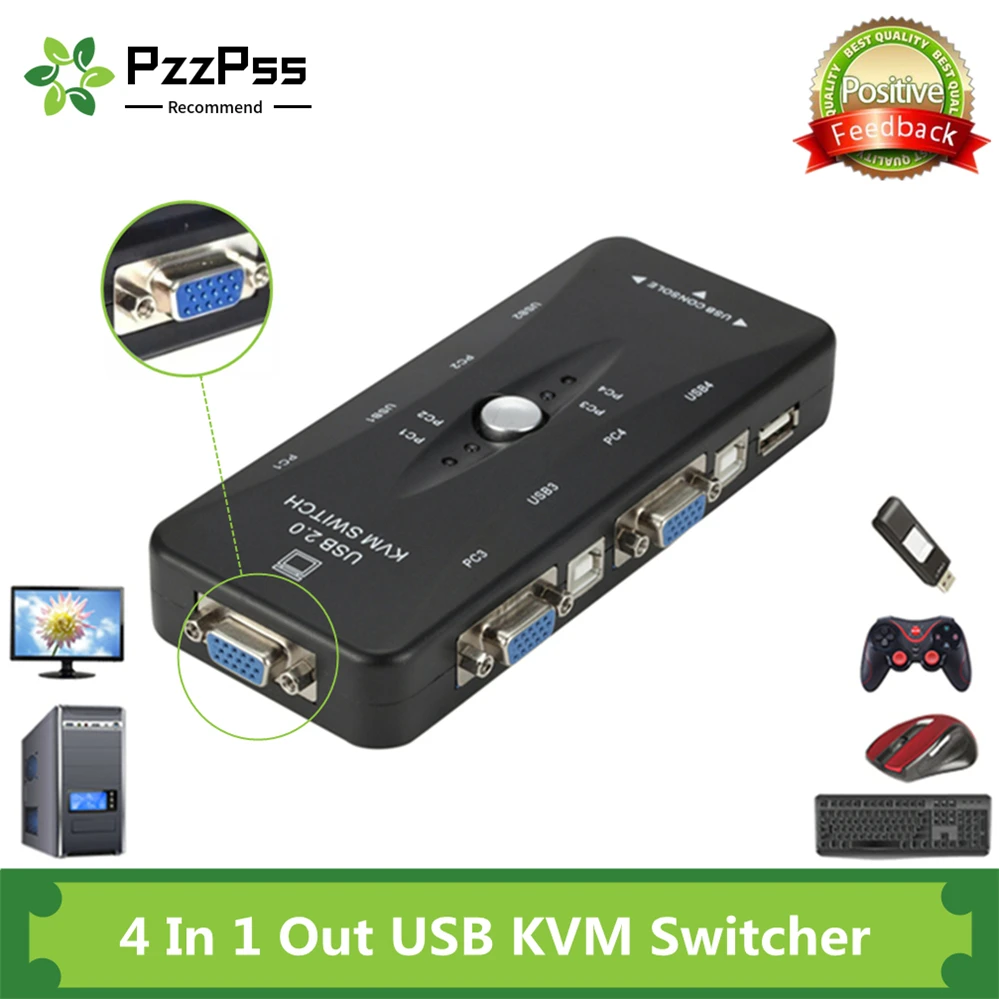 

PzzPss 4 Port KVM Switch USB 2.0 VGA Splitter Printer Mouse Keyboard Pendrive Share Switcher 1920*1440 VGA Switch Box Adapter