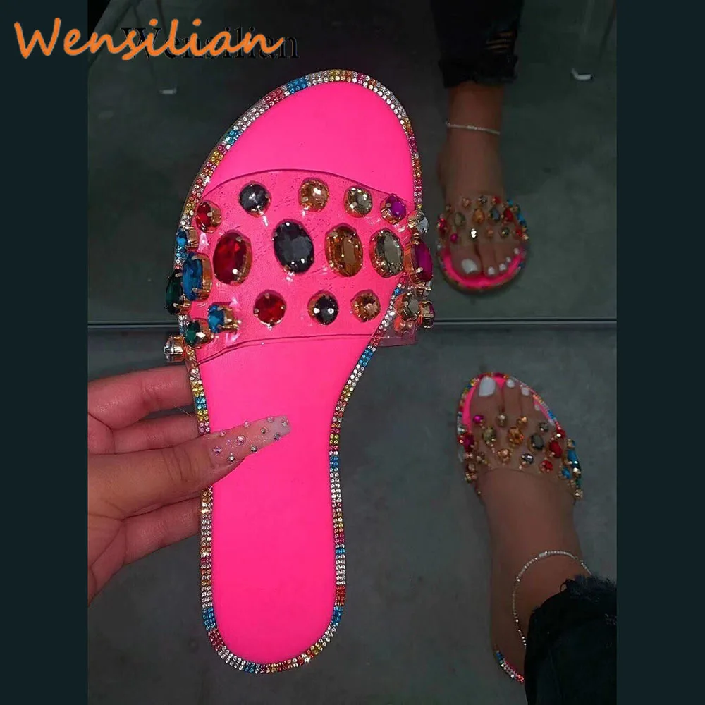 

Summer Shoes Woman Rhinestone Sandals For Women 2021 Bling Slippers Flat Ladies Beach Sandles Designer Slides Luxury Sandels