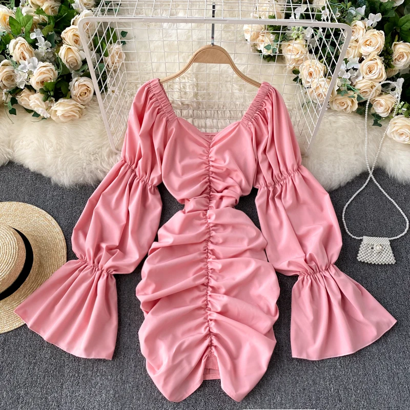 

Stylish V-neck Pleasted Bag Hip Dress Solid Color Flare Sleeve High Waist Slim Was Thin Dresses Female A-line Mini Vestidos 2021