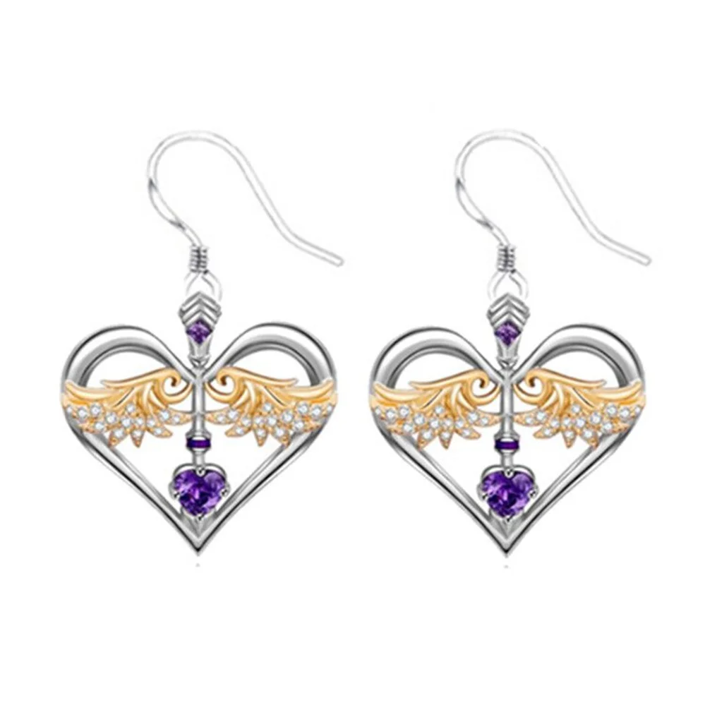 

Popular New Fashion Heart Shaped Wings Purple Earrings Female Holiday Birthday Gift Anniversary Party Party Jewelry Wholesale