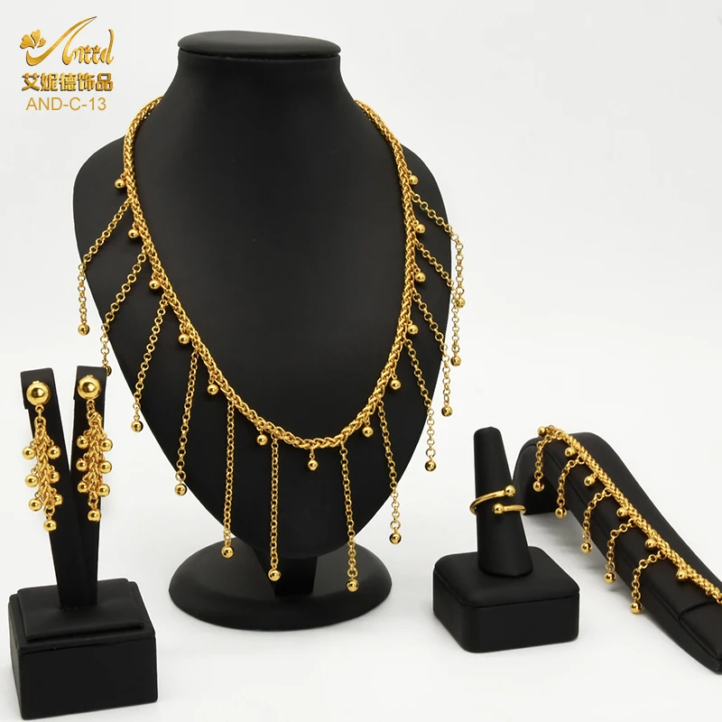 

African Jewelry Set Tassel Pendant Chains Choker Dubai Gold Ethiopian Nigeria Wedding Necklace Earrings Bracelet Rings Jewellery