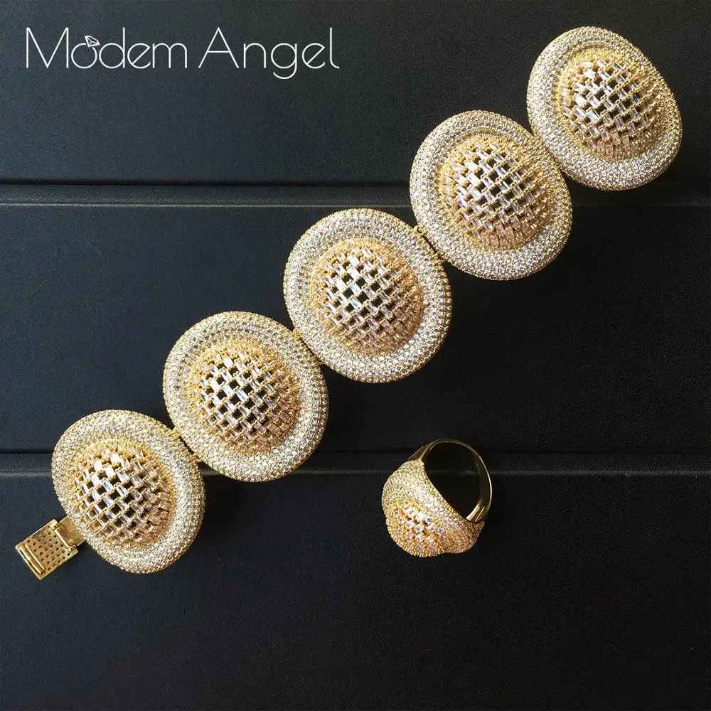 ModemAngel Роскошные Брендовые женские ювелирные изделия золотой белый цвет кубического циркония кольцо и браслет наборы для женщин Свадебная вечеринка