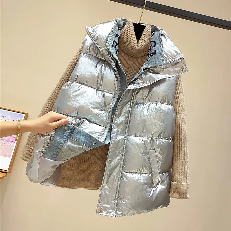 

Down cotton vest women's autumn and winter denim stitching sleeveless vest waistcoat vest jacket college style